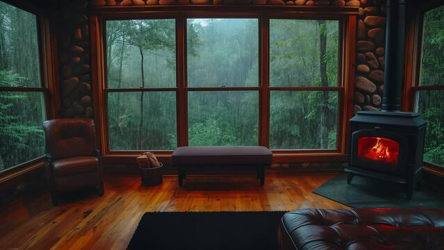 living room with fireplace, cozy cabin in the woods, hard raining ambience