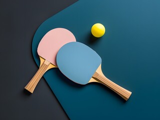 table tennis racket contest competition sports background poster, bats and ball flat lay retro style pop art colors match