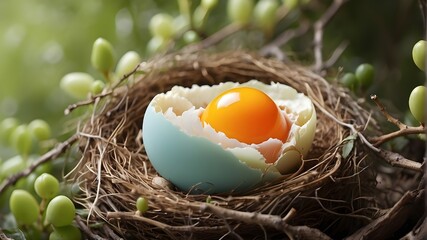 An egg in a bird's nest that is about to hatch