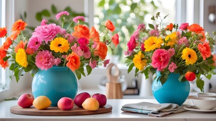 Bright floral arrangement on the kitchen table a happy, peaceful, and upbeat atmosphere for your house and space