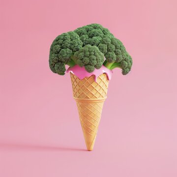 A quirky image of green broccoli placed atop a waffle cone with a pink melting effect on a pastel background
