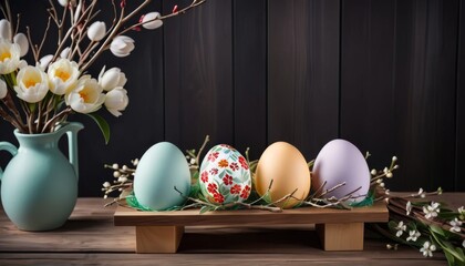 Obraz na płótnie Canvas An array of pastel-colored Easter eggs, including one with a floral pattern, are artistically presented on a wooden stand against a backdrop of spring flowers in a serene home setting.. AI Generation