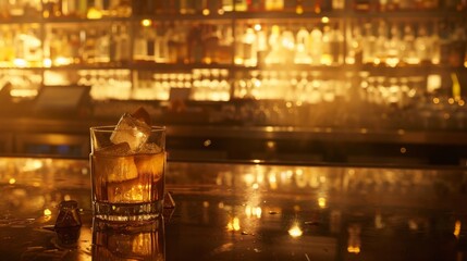 Vintage Crystal Whiskey Glass on Reflective Bar