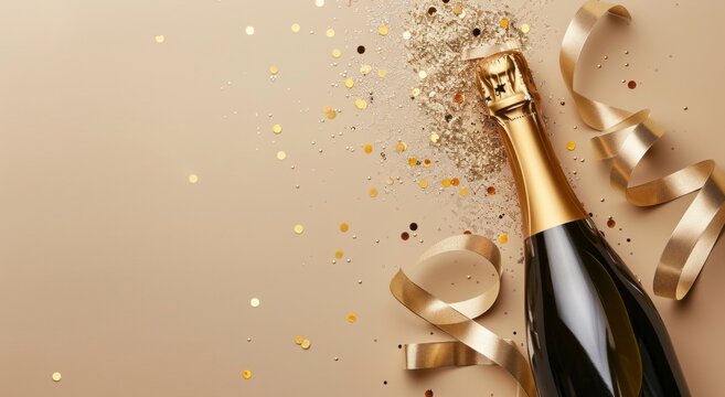 Capturing the moment of a champagne bottle popping with golden streamers and glitter emphasizing celebration and excitement on a neutral backdrop