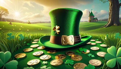 A green leprechaun hat with clovers and gold in a field, with a fairy tale castle and sunny blue sky in the distance.. AI Generation