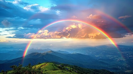   Two rainbows arc over a mountain range, with mountains visible in the foreground