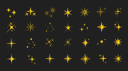 Big set of golden color Flat sparkling star collection. Sparkle light star vector illustration design. Star sparkle and twinkle star burst and flash. Set of stars vector illustration of stars. Star s 