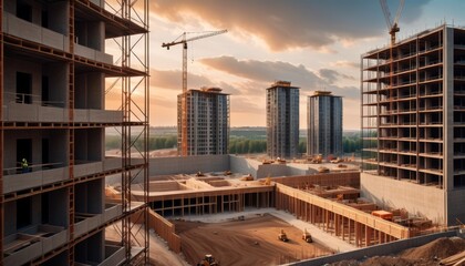 Golden hour casts a warm glow over a sprawling urban construction site, with cranes and partially completed buildings marking growth.. AI Generation. AI Generation