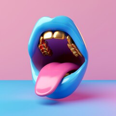 A bold 3D-rendered image featuring a stylized mouth with shiny gold teeth and a playful tongue, set against a pink backdrop