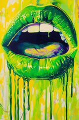 Intense green dripping painted lips, a striking piece with a strong sense of motion and vibrant artistry