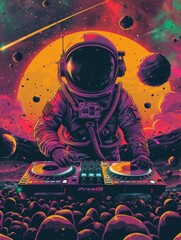A man in a space suit is playing a DJ set on a planet. The image is a colorful and vibrant representation of a futuristic space scene