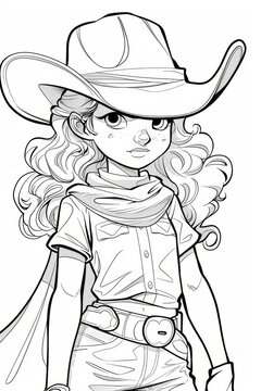 A girl with long hair and a cowboy hat. She is wearing a shirt and pants. She is holding a stick