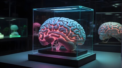 A glass container containing a brain that glows neon-like is on exhibit. - obrazy, fototapety, plakaty