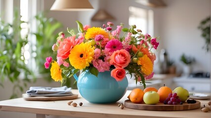 Bright floral arrangement on the kitchen table a happy, peaceful, and upbeat atmosphere for your house and space