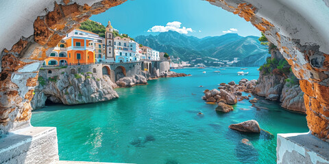 Through an arch, enjoy a view of the colorful village perched on a picturesque seaside cliff. - obrazy, fototapety, plakaty