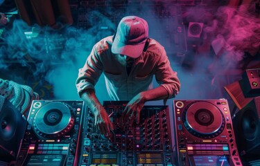 Close-up view of a skilled DJ's hands as he manipulates a soundboard, illuminated by intense purple...