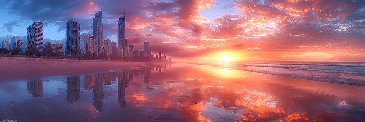 At sunset, a dramatic ocean scenery unfolds with skyscrapers against a colorful sky reflecting on the water.