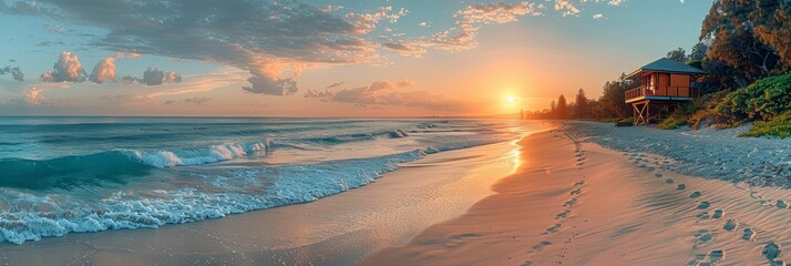 The tranquil shore at sunrise, waves gently lapping the sandy beach. - obrazy, fototapety, plakaty