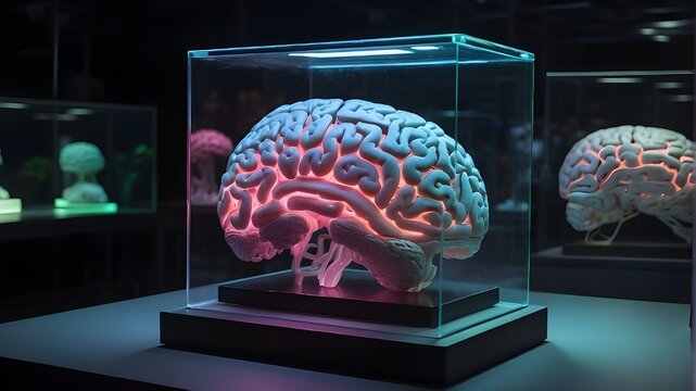 A glass container containing a brain that glows neon-like is on exhibit.