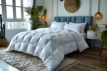 In a modern apartment, a contemporary bedroom boasts a soft, puffy blanket for tropical decoration.