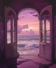 A dreamy, artistic depiction of a vibrant sea view through open, timeworn windows of an abandoned space