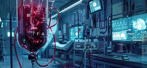 A close-up of an IV bag filled with red fluid in a hospital room with medical equipment such as a monitor showing a heartbeat or a technologically innovative digital hologram icon floating above it - obrazy, fototapety, plakaty