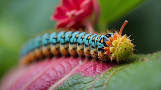 A macro photo of a caterpillar on its home plant that highlights the texture, colors, and patterns of the plant
