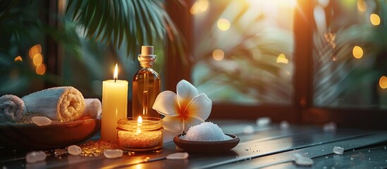 Obraz na płótnie Canvas Spa massage background with candles, frangipani flowers, oil bottle, bowl with salt and herbal balls. Body cosmetic beauty care spa treatment to relax. copy space for add text.
