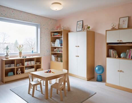 Empty children's playroom with cabinet in Bright Colours 