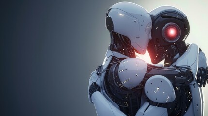 Emotional connection depicted as human and robot share heartfelt hug together. Automation love