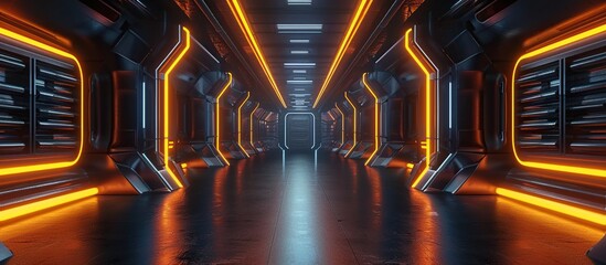 The dark background of the interior space of a science fiction room with a bright neon orange color. 3D illustration.