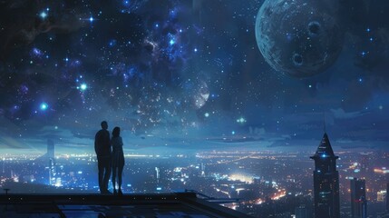 Interstellar bond: Human partner with robot companion stargazing from rooftop in futuristic scene. Automation love