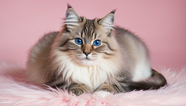 Siberian cat with blue eyes lying on pink fur in Bright Colours 