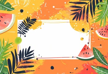A summer-inspired frame with big green tropical leaves and watermelon slices