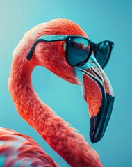 A quirky visual of a pink flamingo donning a pair of stylish sunglasses against a vivid blue backdrop