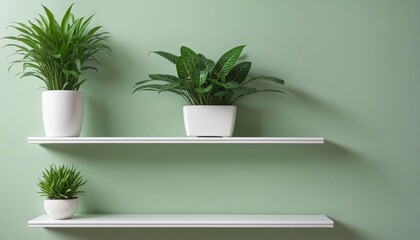 Wall mockup with green plant,Green wall and shelf in Bright Colours 