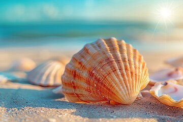 A detailed shot of a seashell illuminated by sunlight against the sandy background of a peaceful beach