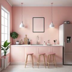 Mock up poster frame in pastel pink kitchen interior in Bright Colours 