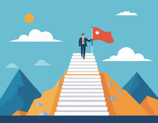 Fototapeta na wymiar Business step top mountain and flag. stair achievement target concept. mission climbing to success. vector illustration flat design