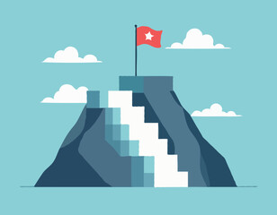 Fototapeta na wymiar Business step top mountain and flag. stair achievement target concept. mission climbing to success. vector illustration flat design