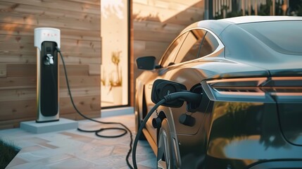 An EV hybrid car being charged next to a car charging machine - obrazy, fototapety, plakaty