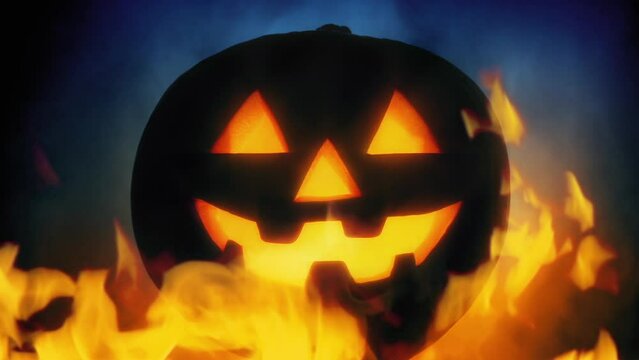 Halloween Pumpkin Face In Fire And Smoke
