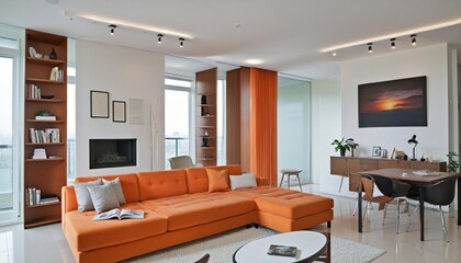 Interior of modern bright living room with orange sofa in Bright Colours 