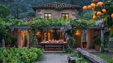   A house with oranges growing on its roof, and a table in the middle of the front yard
