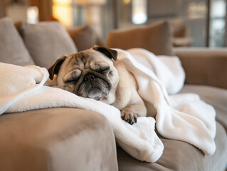 Relaxed pug dog sleeping on cozy couch, soft blanket, Peaceful Pet  after spa