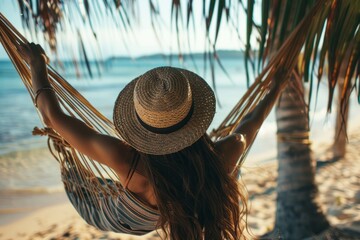 The back view of a woman lying in a hammock under palm trees, with a view of the beach and sea