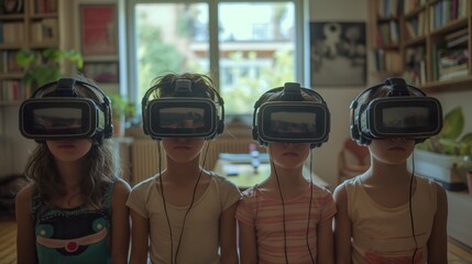 Family sitting on the sofa wearing virtual reality glasses. AI generation.