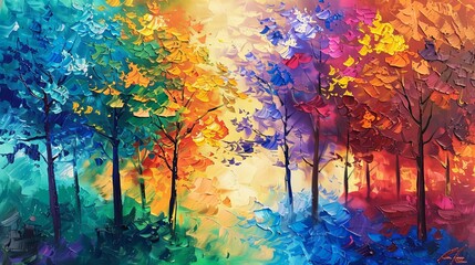 A colorful painting of trees in a landscape. The painting is done in the impressionist style, with thick brushstrokes and vibrant colors. - obrazy, fototapety, plakaty