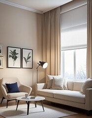 Home mockup, contemporary room interior background, in bright colours 