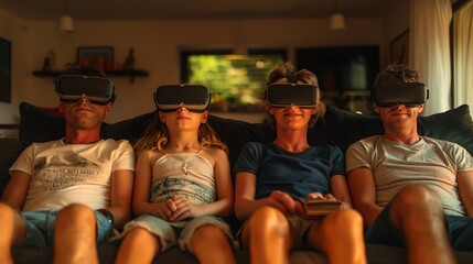 Family sitting on the sofa wearing virtual reality glasses. AI generation.